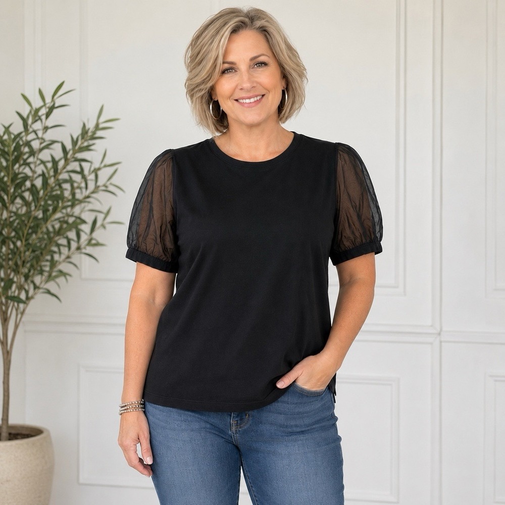 Madewell Black Puff Sleeve Top - Women's MEDIUM- Crew Neck Sheer Short Sleeve